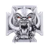 Metallic demonic beast emblem with fangs, tusks, and chain cross pendant on iron cross background The-Hidden-Hatch