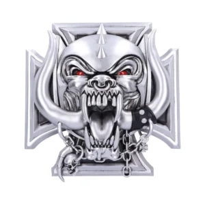 Demonic Beast Metal Emblem Silver - Fanged Tusks and Chain Cross Metallic demonic beast emblem with fangs, tusks, and chain cross pendant on iron cross background The-Hidden-Hatch