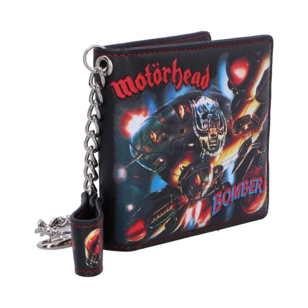 Black Motörhead Bomber album art wallet with metal chain and fiery design The-Hidden-Hatch