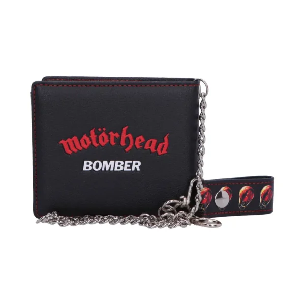 Black Motörhead Bomber leather wallet with silver chain and red stitching The-Hidden-Hatch