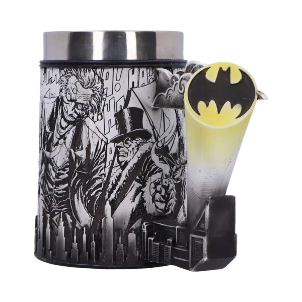 Batman Ceramic Mug Black Gotham Skyline With Bat-Signal A detailed Batman-themed mug featuring The Joker, The Penguin, Gotham skyline, and glowing Bat-Signal.