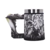 Batman Metal Mug Black And Silver Gotham Skyline Design A detailed Batman-themed metal mug featuring Gotham skyline, Harley Quinn, and Two-Face artwork.