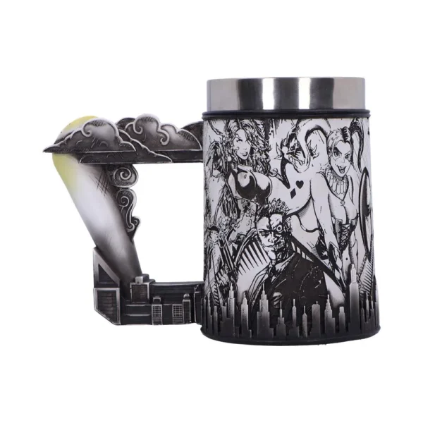 Batman Metal Mug Black And Silver Gotham Skyline Design A detailed Batman-themed metal mug featuring Gotham skyline, Harley Quinn, and Two-Face artwork.