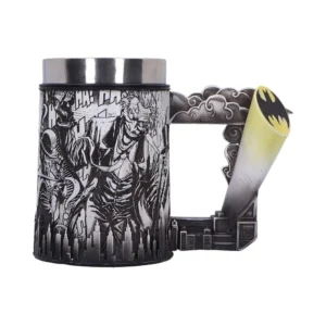 Batman Metal Mug Black Engraved Joker Design Bat-Signal Handle A metal Batman-themed mug featuring engraved Joker artwork and a sculpted Bat-Signal handle.