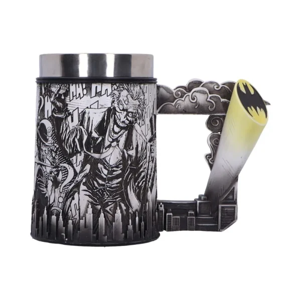 Batman Metal Mug Black Engraved Joker Design Bat-Signal Handle A metal Batman-themed mug featuring engraved Joker artwork and a sculpted Bat-Signal handle.