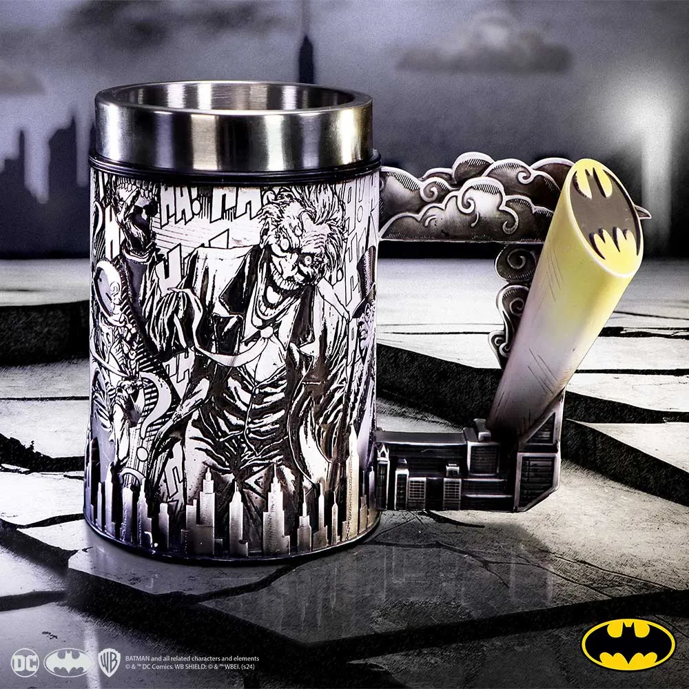 Collectable Mugs Review for Gifts and Fans 4 Batman-themed metallic mug featuring the Joker design with a Bat-Signal handle on Gotham rooftop background.