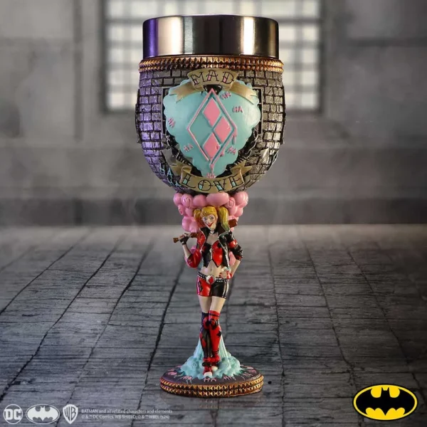 Harley Quinn-themed collectible goblet featuring her figure, colorful design, and “Mad Love” heart emblem.