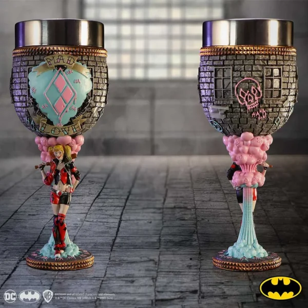 Two Harley Quinn-themed collectible goblets with detailed brick textures and vibrant pink and blue accents.