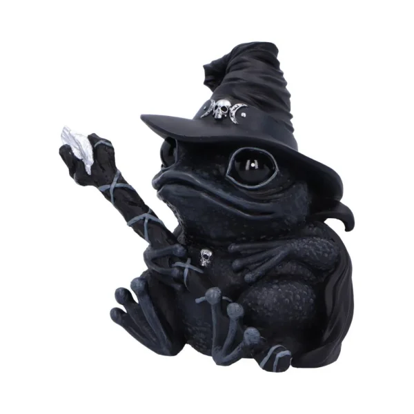 A dark textured toad figurine dressed as a wizard holding a crystal-topped magical staff.