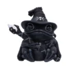 A dark gray frog figurine dressed as a wizard holding a glowing staff and wearing a hat.