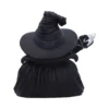 Black Wizard Figurine Resin Sculpture - Crystal Held in Hand A black-robed wizard figurine with a pointed hat holding a glowing crystal.