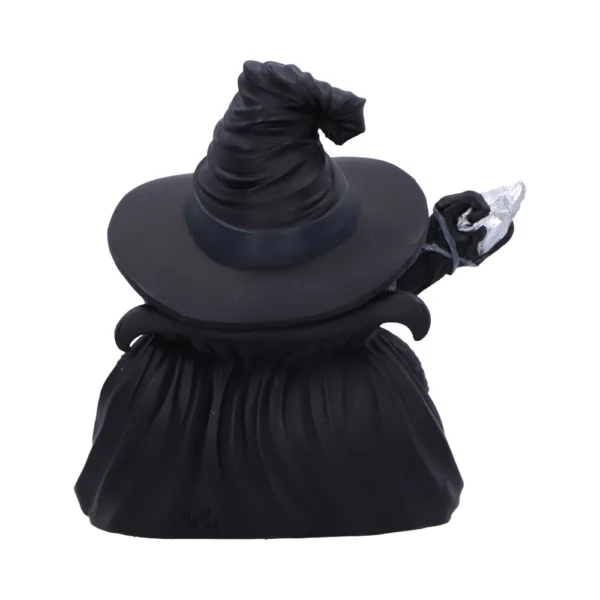A black-robed wizard figurine with a pointed hat holding a glowing crystal.