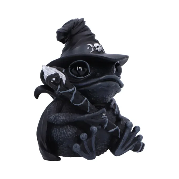 Wizard Frog Figurine Resin Sculpture Black - Crystal Staff A black wizard frog figurine wearing a pointed hat and holding a crystal-topped staff.