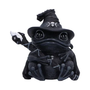 A dark gray frog figurine dressed as a wizard holding a glowing staff and wearing a hat.