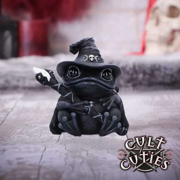 Black Toad Wizard Figurine Resin Statue - Crystal Staff Accent A black toad figurine dressed as a wizard holding a crystal-topped staff on a gothic background.