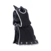 Black Cat Figurine Resin Sculpture - Silver Cloak and Pentagram A black cat figurine in a silver-trimmed hooded cloak with skull and pentagram details.