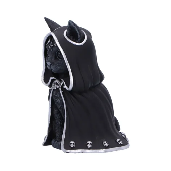 Black Cat Figurine Resin Sculpture - Silver Cloak and Pentagram A black cat figurine in a silver-trimmed hooded cloak with skull and pentagram details.
