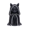 Black Cat Figurine Resin Statue - Gothic Robe With Pentagram A black cat figurine wearing a silver-trimmed gothic robe with occult moon and pentagram symbols.