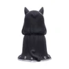 Black Cat Figurine Resin Sculpture - Gothic Robe With Silver Skulls Black cat figurine in a hooded robe with silver skull accents and curled tail.