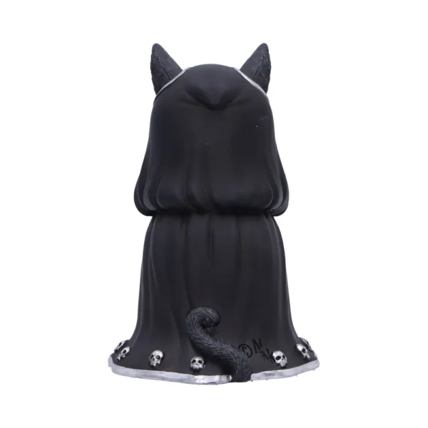 Black Cat Figurine Resin Sculpture - Gothic Robe With Silver Skulls Black cat figurine in a hooded robe with silver skull accents and curled tail.