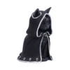 Gothic Black Cat Statue Figurine - Silver Trim Cloak and Pentagram A black cat statue in a hooded cloak with silver trim, skull clasp, and pentagram symbol.