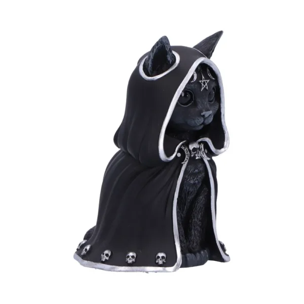 Gothic Black Cat Statue Figurine - Silver Trim Cloak and Pentagram A black cat statue in a hooded cloak with silver trim, skull clasp, and pentagram symbol.