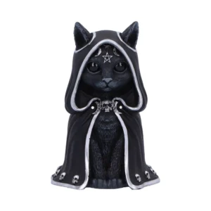 A black cat figurine wearing a silver-trimmed gothic robe with occult moon and pentagram symbols.