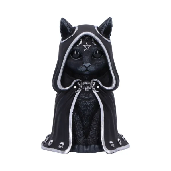 Black Cat Figurine Resin Statue - Gothic Robe With Pentagram A black cat figurine wearing a silver-trimmed gothic robe with occult moon and pentagram symbols.