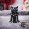 Gothic Black Cat Figurine Resin Statue - Silver Pentagram Cloak Gothic black cat figurine in hooded cloak with silver pentagram and skull accents.