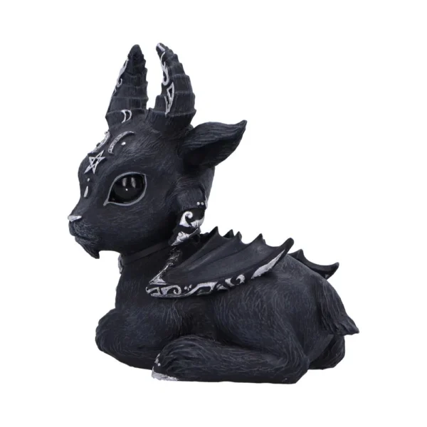 Black Goat Dragon Figurine Resin Sculpture - Silver Occult Symbols A black goat-dragon figurine with silver markings, folded wings, and mystical occult symbols.