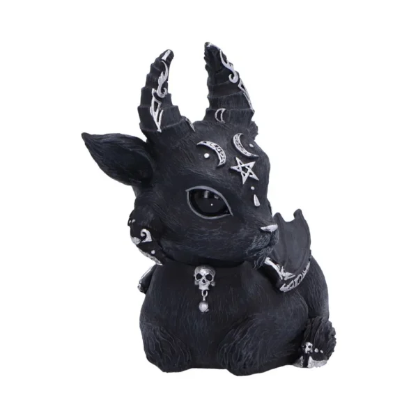 Gothic Rabbit Figurine Black Resin With Silver Occult Horns A black demonic rabbit figurine with silver horns, occult symbols, and gothic decorative details.