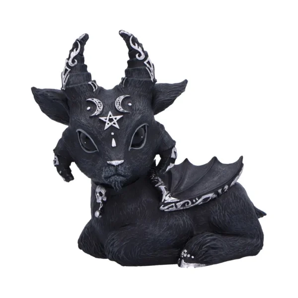 Black Goat Demon Resin Figurine - Silver Horns & Wings A small black goat-demon figurine with silver horns, occult symbols, wings, and a skull necklace.