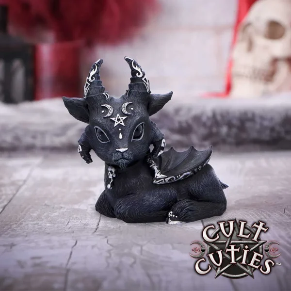 Cult Cuties Gothic Goat-Bat Figurine - Black Silver Occult Design A cute gothic goat-bat figurine with silver runes, wings, and occult symbols on display.