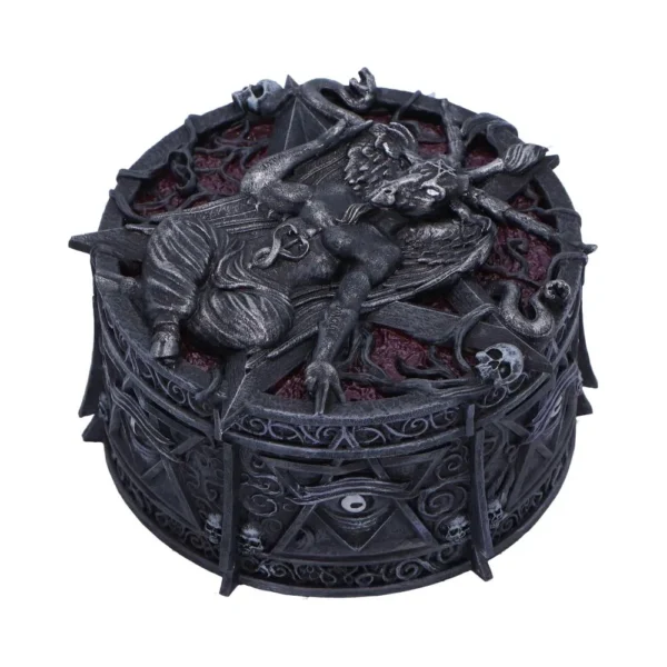 Gothic Baphomet Metal Box Dark Gray With Occult Symbols A gothic dark metal box with a demonic Baphomet figure and occult engraved symbols.