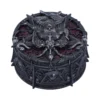 Gothic Baphomet Resin Box Dark Red - Serpent And Skull Design A gothic round box with a winged goat figure, pentagram, skulls, and serpent designs.