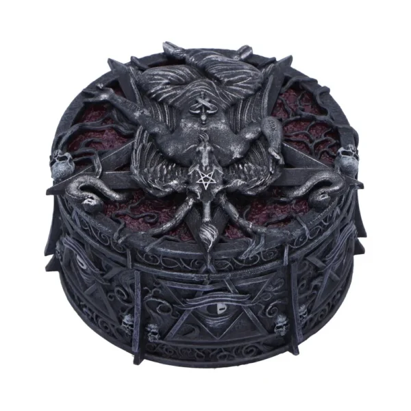 Gothic Baphomet Resin Box Dark Red - Serpent And Skull Design A gothic round box with a winged goat figure, pentagram, skulls, and serpent designs.