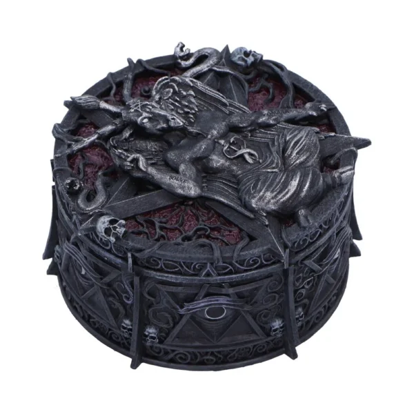 Gothic Baphomet Round Jewelry Box - Pewter Gray Pentagram Design A gothic round box with a raised Baphomet figure and ornate pentagram designs.