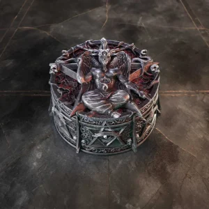 A gothic Baphomet statue with wings, horns, and pentagram details on a dark ornate base.