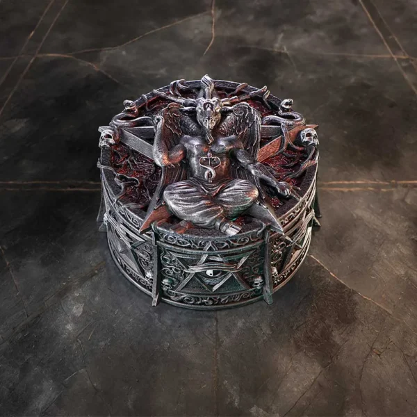 Baphomet Gothic Statue Resin Box - Dark Silver Pentagram Design A gothic Baphomet statue with wings, horns, and pentagram details on a dark ornate base.