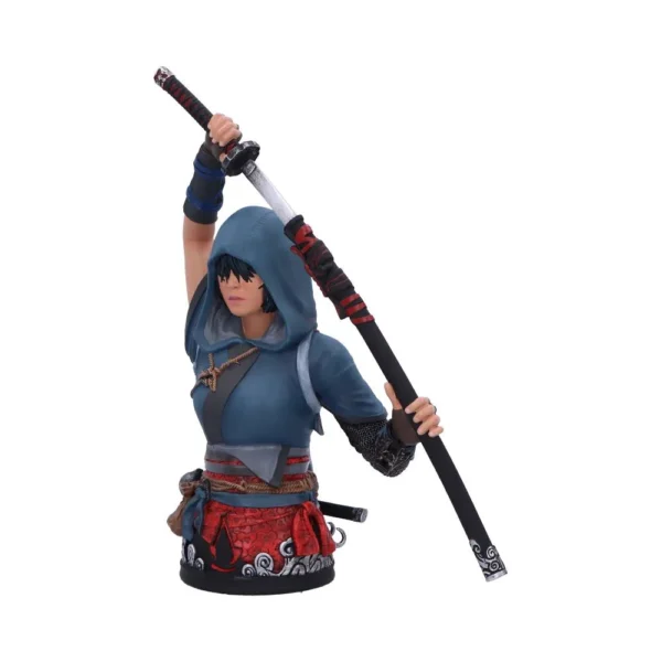 Blue-hooded samurai figurine holding a katana in a ready combat pose.