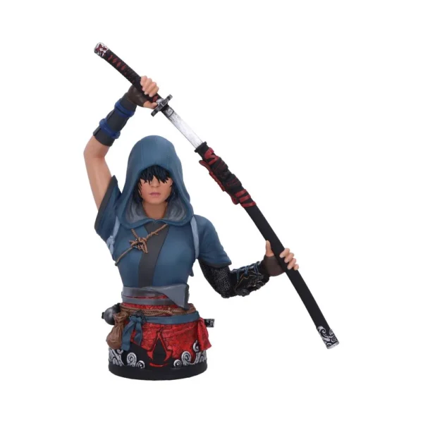 Blue Hooded Samurai Warrior Figurine - Katana Ready Stance A blue-hooded warrior figurine holding a sheathed katana in a poised battle stance.