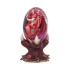 Red Dragon Glass Egg Sculpture - Crimson Scales and Clawed Base A red dragon curled inside a clear glass egg held by a dark clawed base.