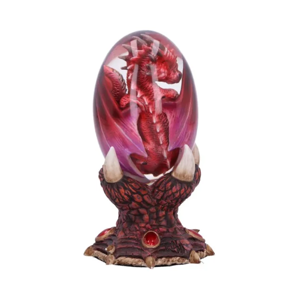 A small red dragon encased in a glowing glass egg on a dark ornate stand.