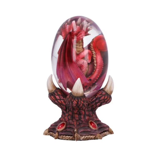 Red Dragon Sculpture Glass Egg - Mythical Claw Base Display A red dragon sculpture encased in a clear glass egg resting on a claw-shaped base.