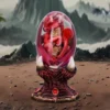 A small red dragon curled inside a glass egg on a glowing molten clawed stand.