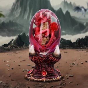 Red Dragon Crystal Egg Sculpture - Glowing Molten Clawed Base A small red dragon curled inside a glass egg on a glowing molten clawed stand.