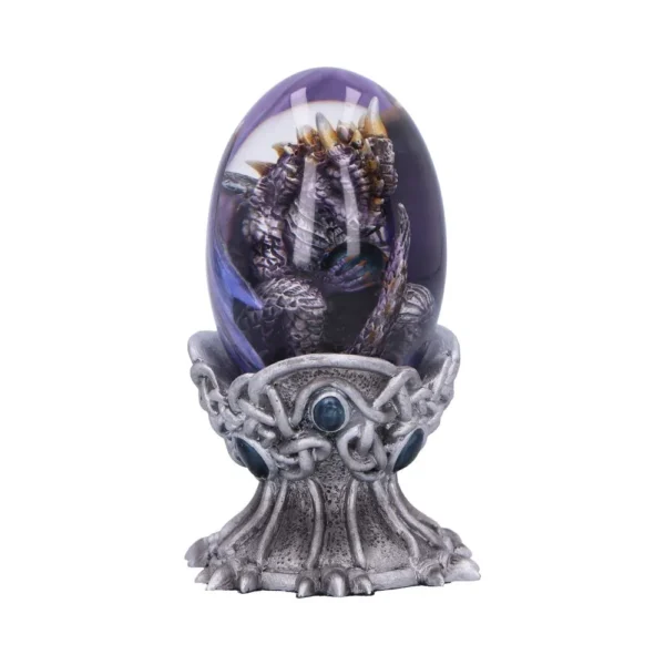 Dragon Egg Sculpture Glass Resin Purple Blue - Celtic Stand Design A purple dragon curled inside a translucent blue egg on an ornate Celtic-patterned stand.