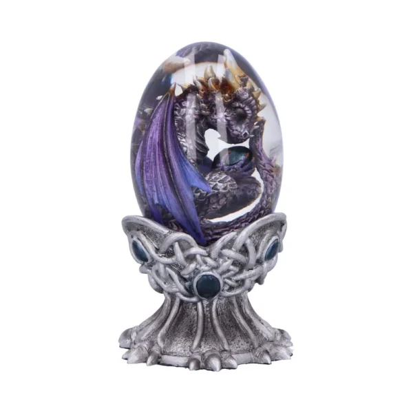 Purple Dragon Glass Egg Ornament - Silver Celtic Stand A purple dragon curled inside a glass egg on a silver Celtic stand with blue gems.