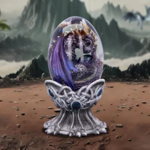 Crystal Dragon Egg Sculpture Silver Purple - Celtic Base Design A small purple and silver dragon curled inside a glowing crystal egg on an ornate base.
