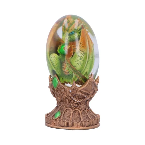 Green Dragon Sculpture Resin Dome - Ornate Golden Fantasy Base A small green dragon curled inside a clear glass dome on an ornate golden base.